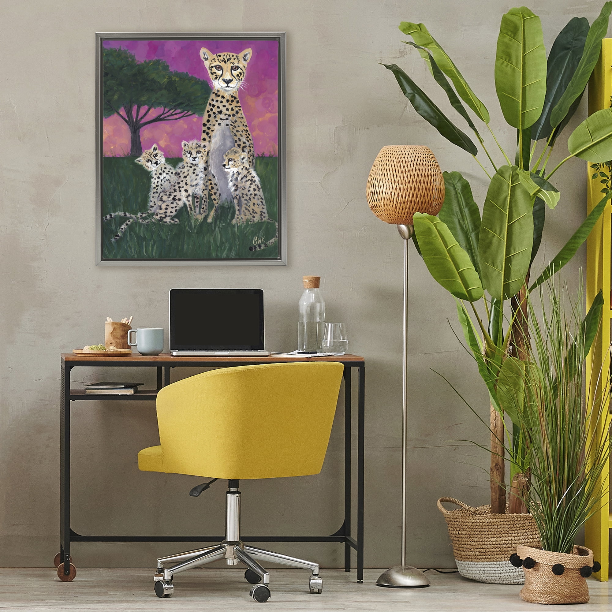 Stupell Industries Mama Cheetah & Her Cubs Gray Framed Floater Canvas Wall Art, design by Sarah Waldron Kimball