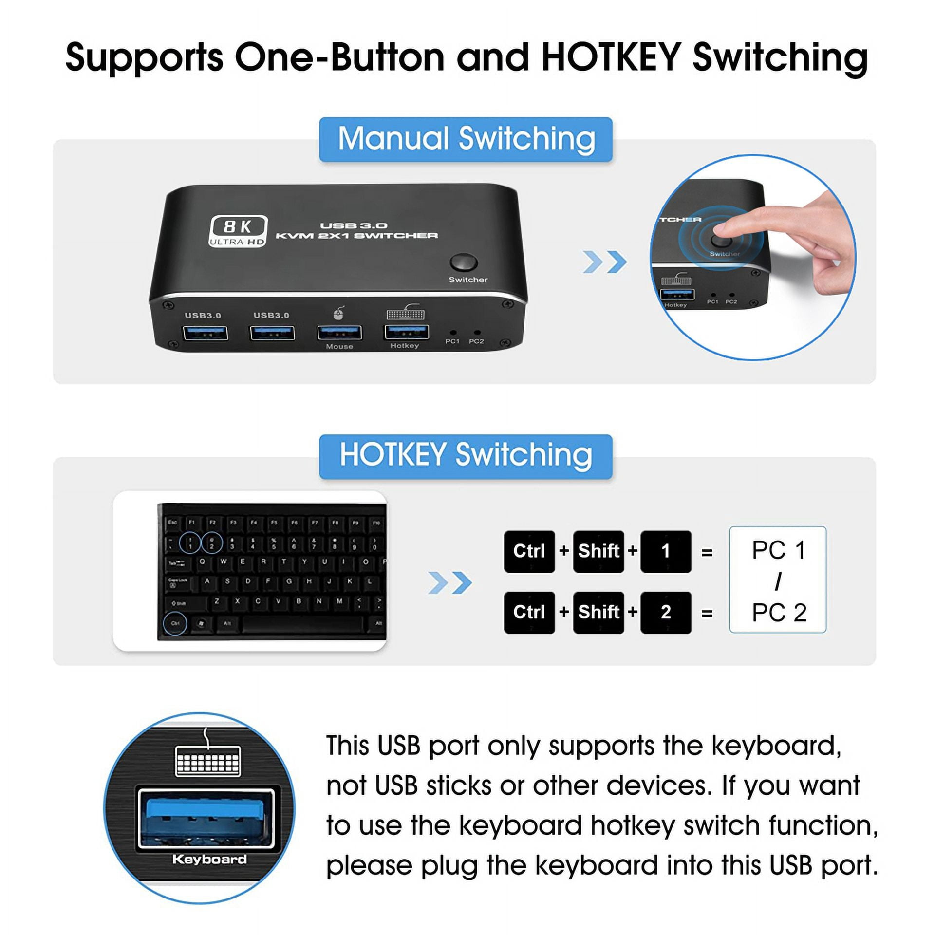 HDMI KVM Switch,AUBEAMTO 8K USB Switch 2x1 HDMI2.1 Ports + 4X USB3.0 KVM Ports, Share 2 Computers one Monitor Switch,Supports 8K 60Hz,4K 120Hz,YUV 4:4:4, HDCP 2.3, HDR 10, Hotkey