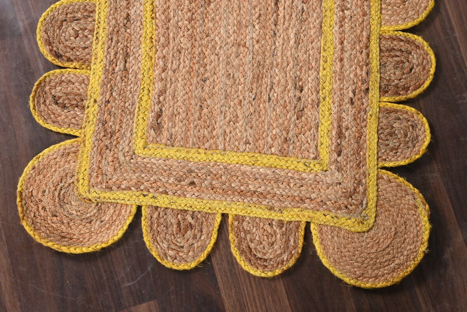 2 x 5 Feet ( 60 cm x 150 cm ) Natural Jute with Yellow Scalloped Area Rugs , Home Decor Rugs