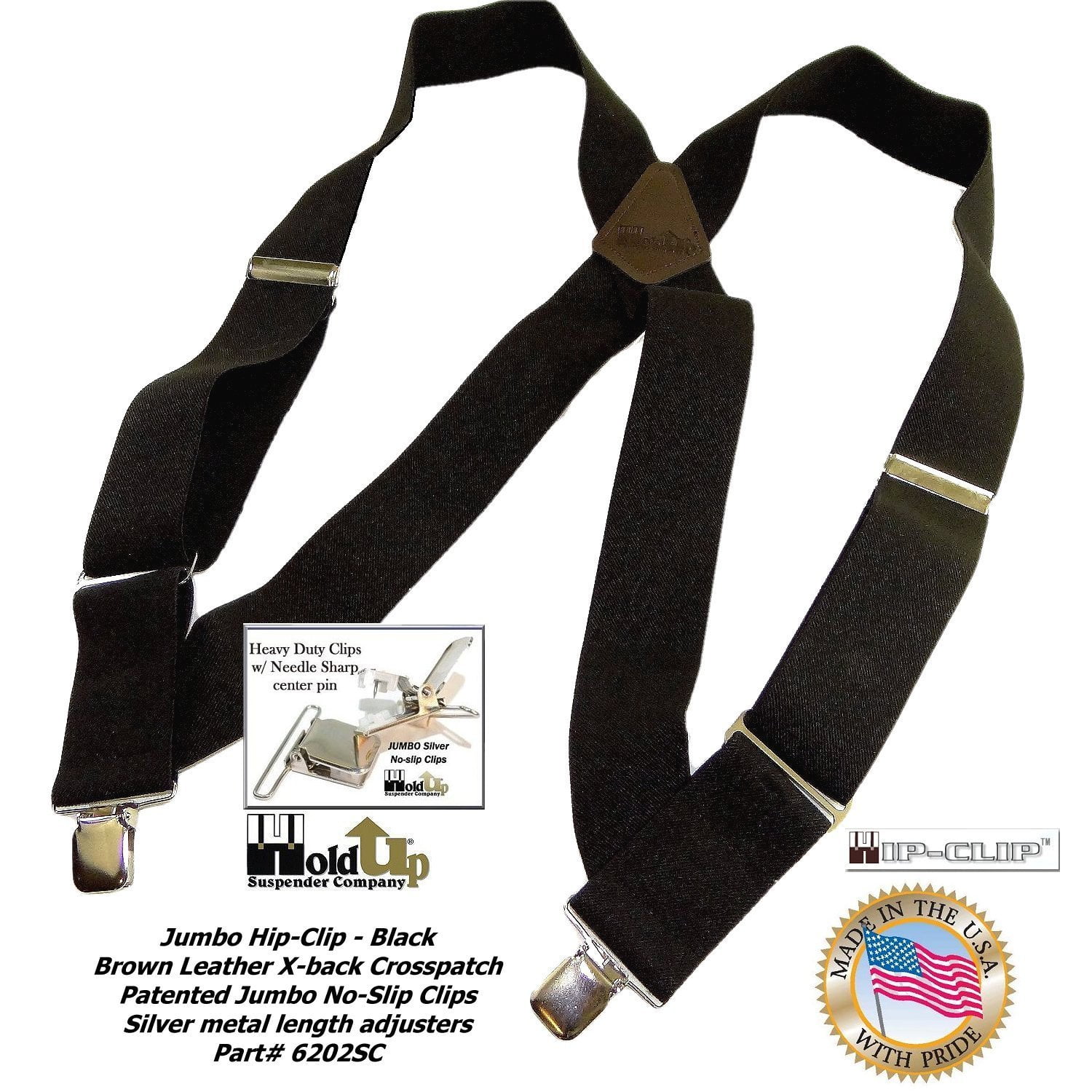 Holdup Suspender Black Heavy Duty Trucker Style 2" Wide HipClip
