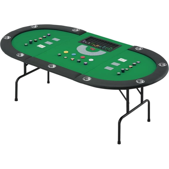 ECOTOUGE Poker Table Foldable, 9 Players Texas Holdem Table with Metal Cup Holders & Folding Legs, Oval Casino Leisure Game Table Top for Card Games, Green