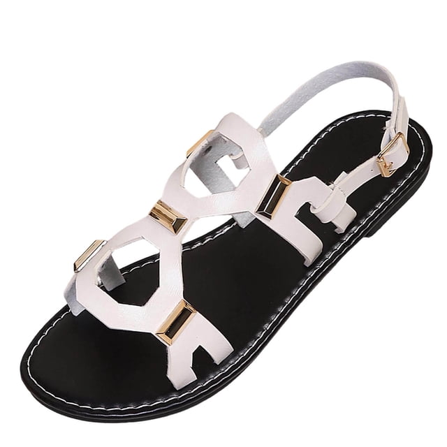 Cinturón de Cuero de Patente Negro Estilo de las Mujeres Hueco Fuera Sandalias Planas, Sandalias de Playa Negras para las Mujeres de Verano de Tamaño Grande