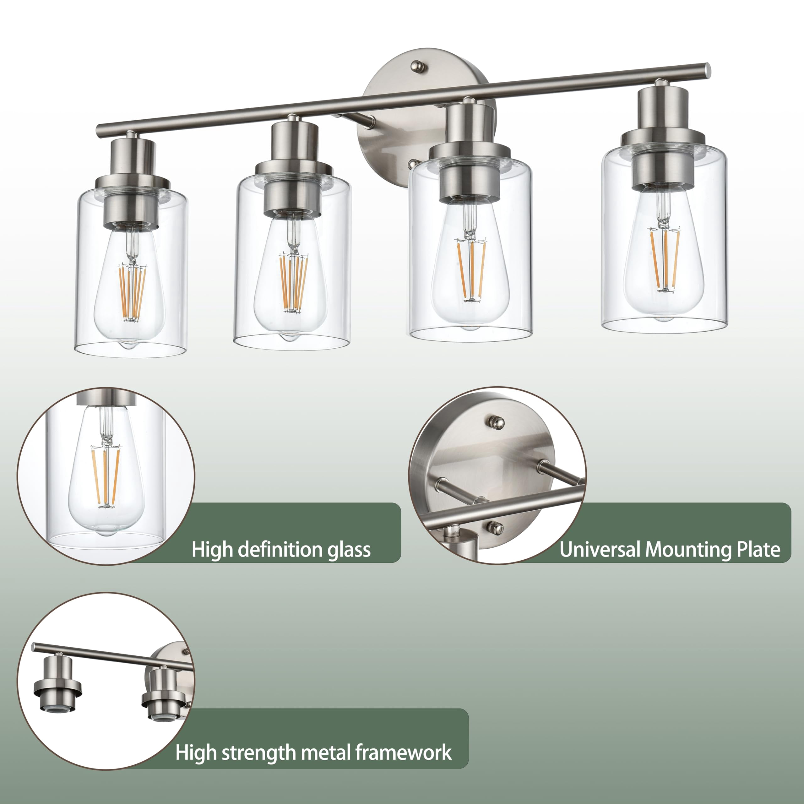 Melucee 4-light Vanity Light with Round Plate – Brushed Nickel Modern Bathroom Light Fixture, Dimmable Wall Sconce for Mirror, Bedroom, Makeup Area