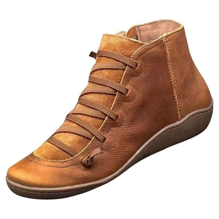 Deals of the Day Tarmeek Boots for Women Womens Fall Winter Boots Plus Size Vintage Round Toe Warm Lace Up Ankle Boots Zipper Short Flat Leather Boots Shoes for Women Booties for Women