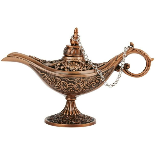 Hilitand Metal Carved Aladdin Lamp Magic Vintage Home Tea Oil Pot Arabic  Art Craft Gift Rare Retro Legend Color Aladdin Genie Light Wish Lamp Pot  Collectible (Copper) 