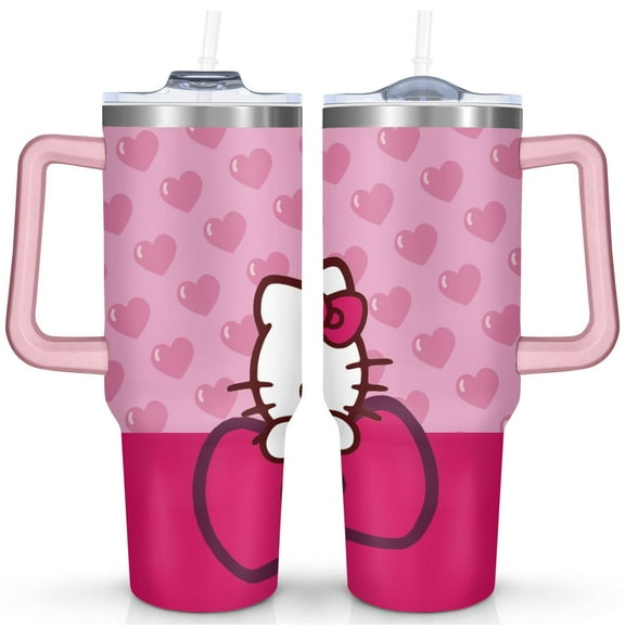 40oz Hello Kawaii Cat Cute Stainless Steel Tumbler with Lid and Straw,Spill Proof Travel Cup Double Wall Vacuum Insulated Coffee Mug with Handle Pink