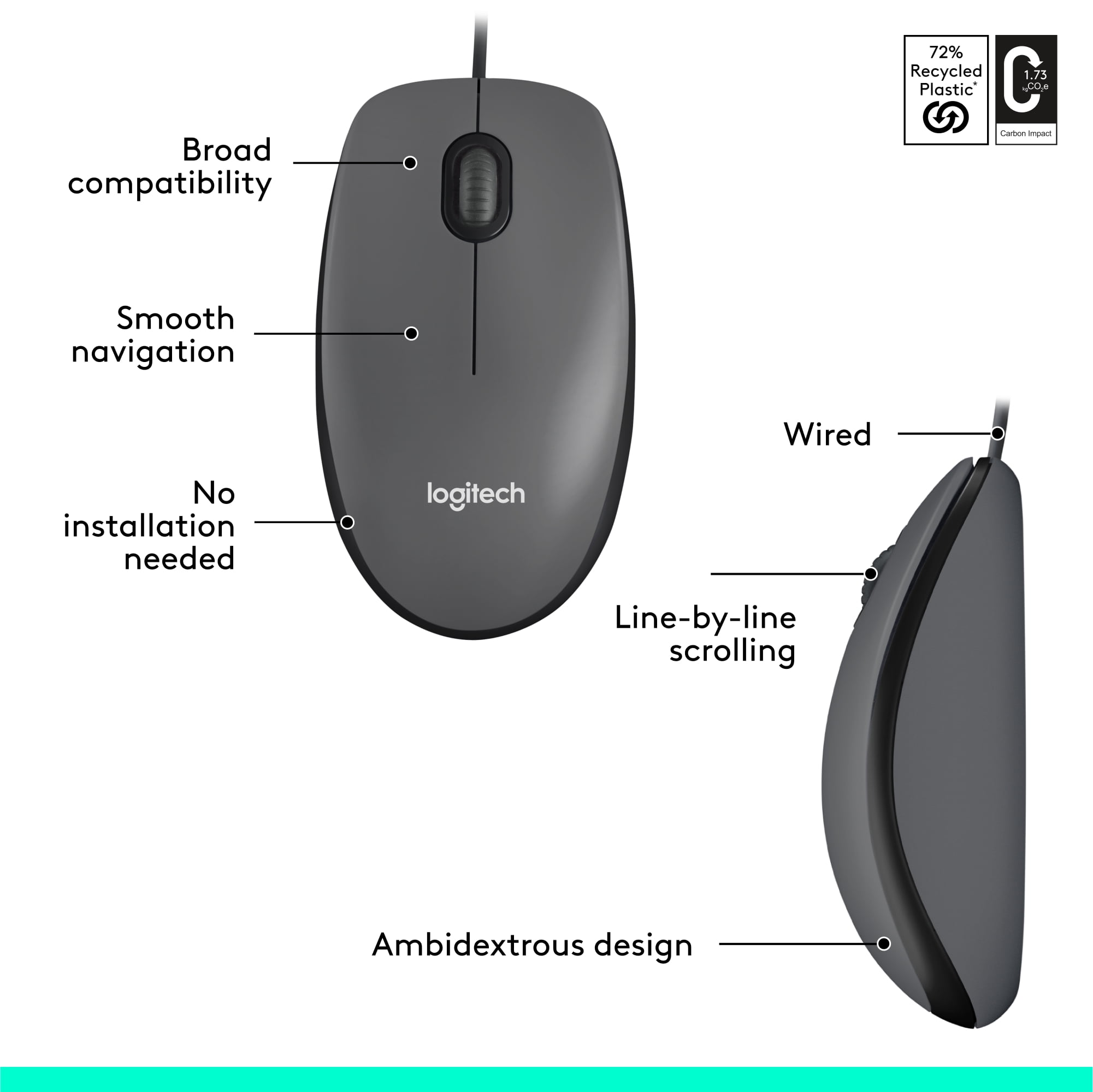 Logitech M100 Corded PC Mouse - Computer Compatible, 1000 DPI