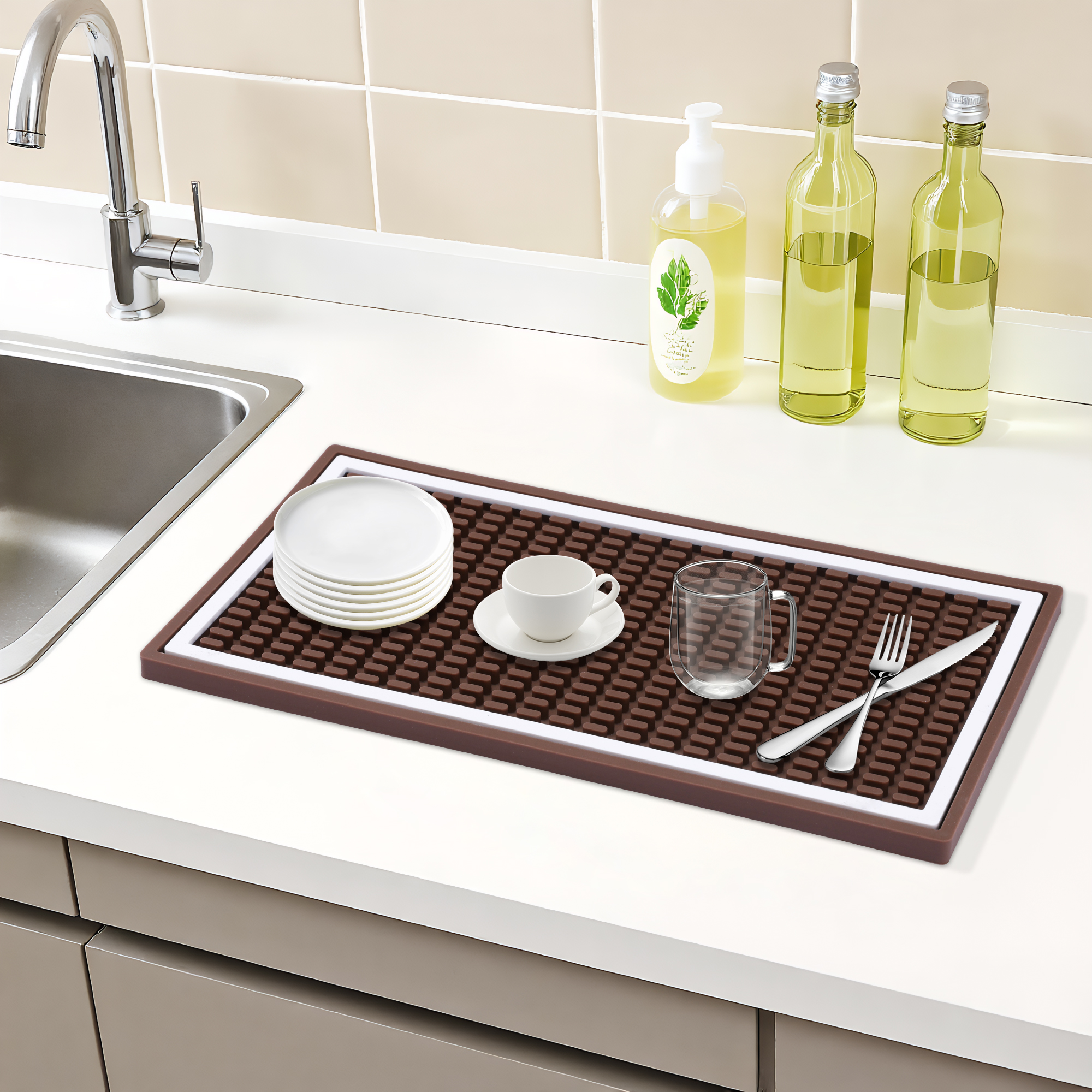 Unique Bargains Waterproof Dish Drying Mat with Concave Design Coffee 11.8*5.9*0.4 inch