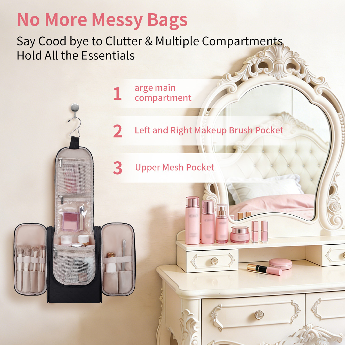 Narwey Hanging Toiletry Bag Water-Resistant Black photo 4