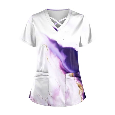 

QWANG Plus Size Cute Printed Scrub Working Uniform Tops For Women Cross V-Neck Short Sleeve Fun T-Shirts Workwear Tee With Pockets