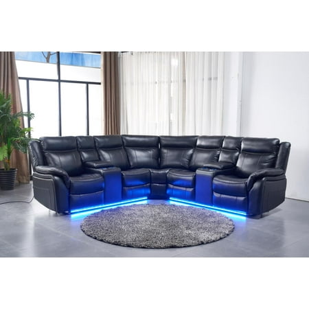 Contemporary Modern Power Motion Recliner Sectional Sofa Set W USB And LED Lights Black Air Leather Cushion Recliner Loveseats Corner Console Living Room