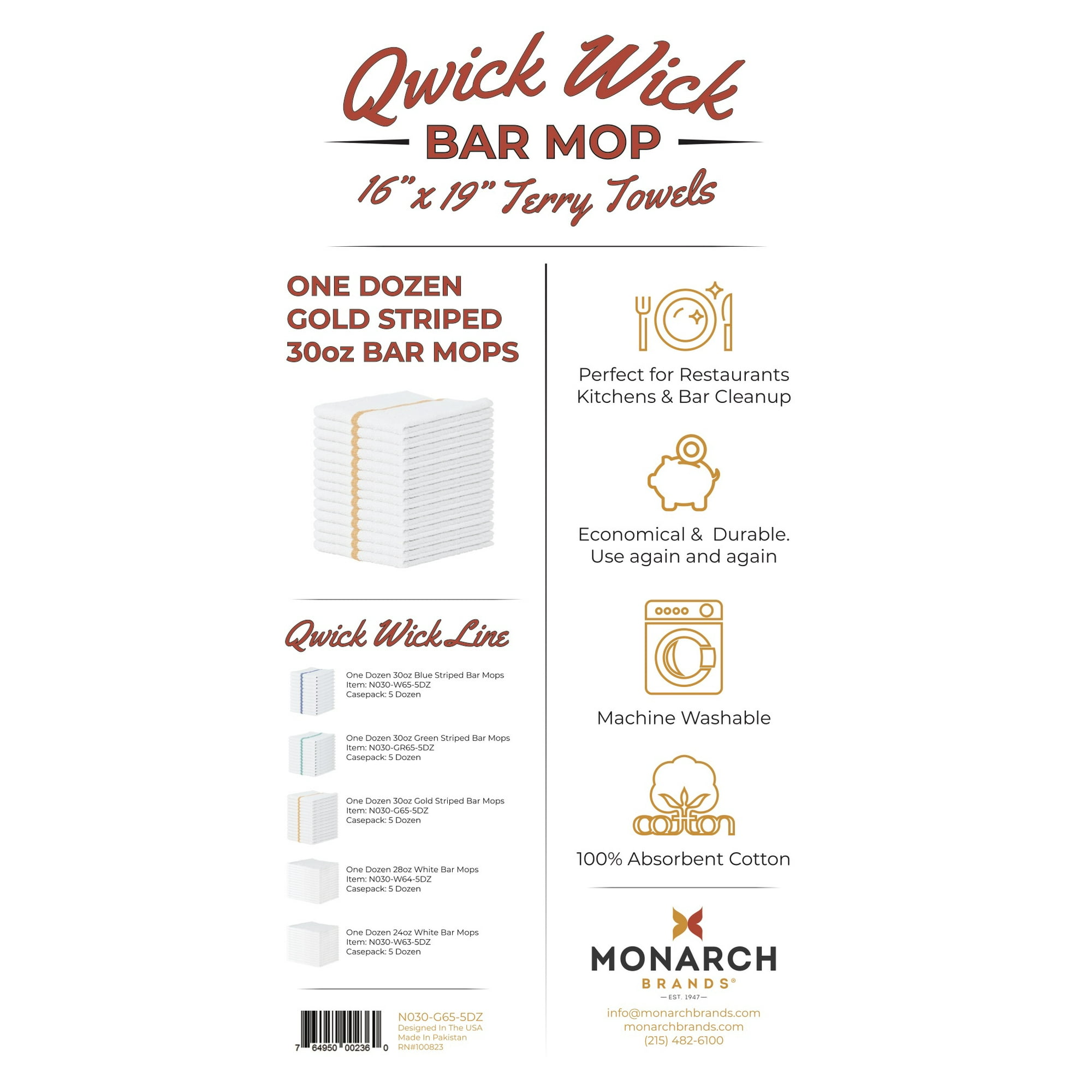 Qwick Wick Bar Mop Terry Towels (12 Pack), White with Gold Stripe