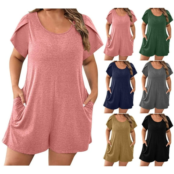 QATAINLAV Women's Summer Oversized Rompers Casual Petal Short Sleeve Jumpsuits Solid Color Loose Fit Onesie Shorts with Pockets Beach Outfits Pink M