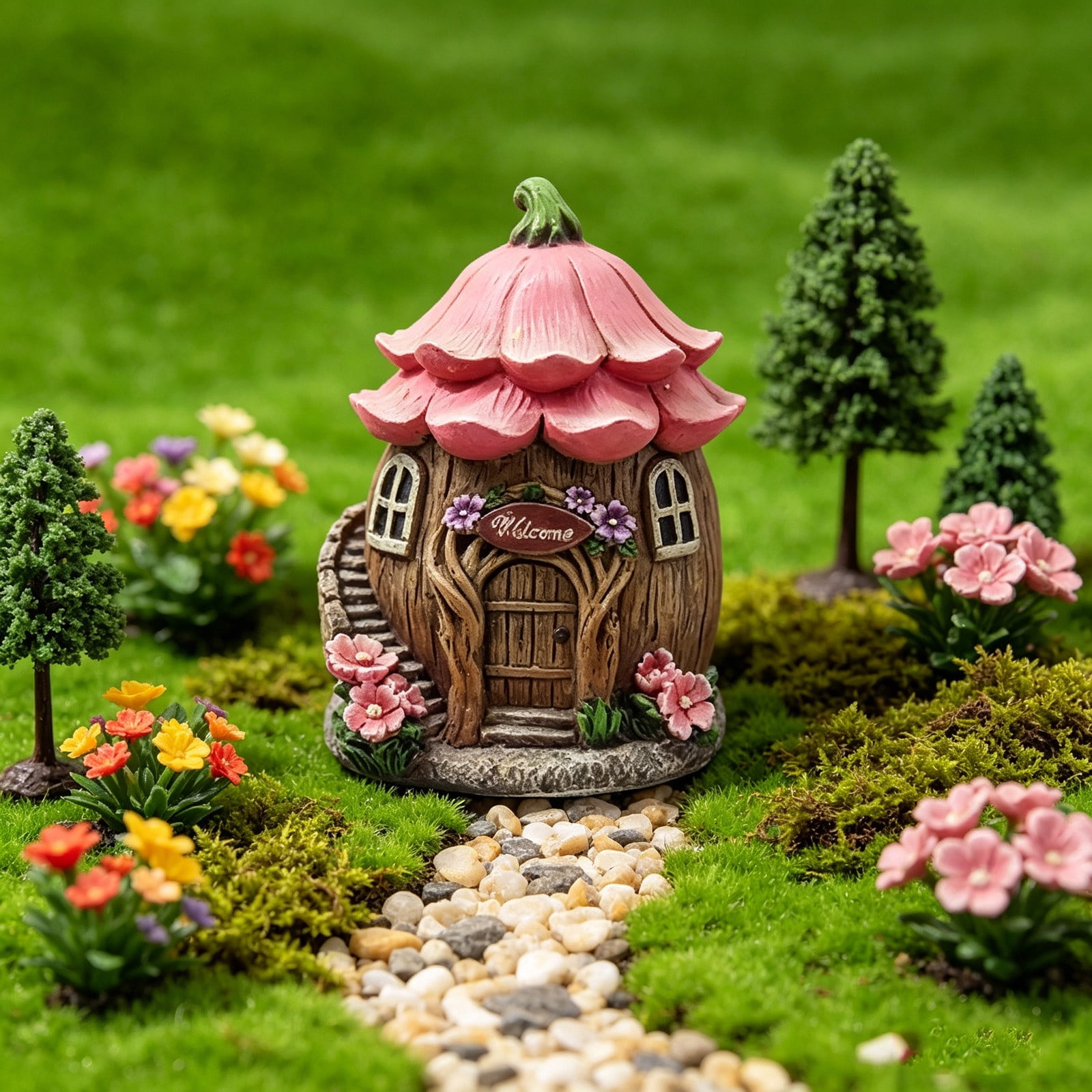 AHGQT Mushroom House Fairy Garden Statue Indoor & Outdoor, Solar Light Garden Figurines for Lawn, Balcony, Yard Decoration, Hand-Painted Resin Garden Decorations for Indoor & Outdoor