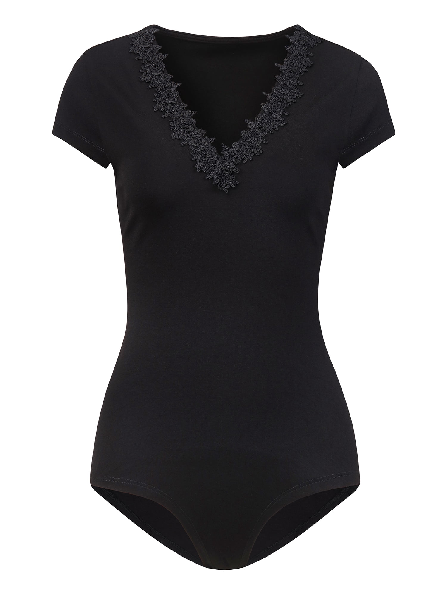 DARING DIVA Women's V Neck Lace Trim Bodysuit XX-Large Black