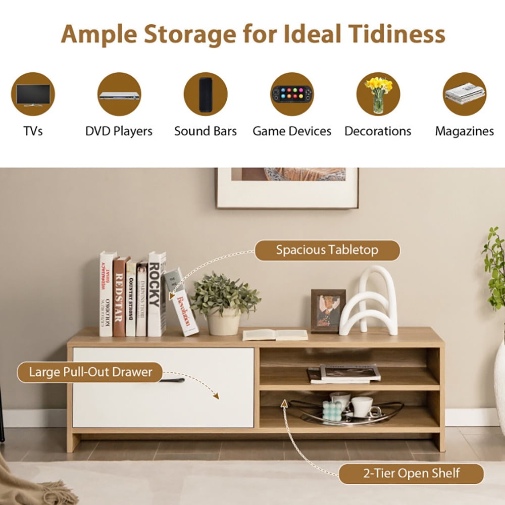 Finihen TV Stand, TV Cabinet, TV Stand for with 2 Open Shelf and Drawer for 55-Inch TV, for Living Room, Bedroom, White & Natural