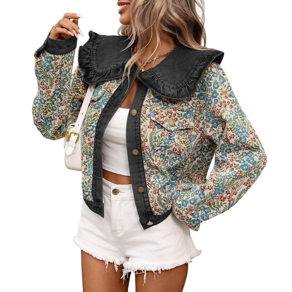 Women Cropped Jean Jacket Embroidered Jacquard Long Sleeve Casual Floral Denim Jackets Black L