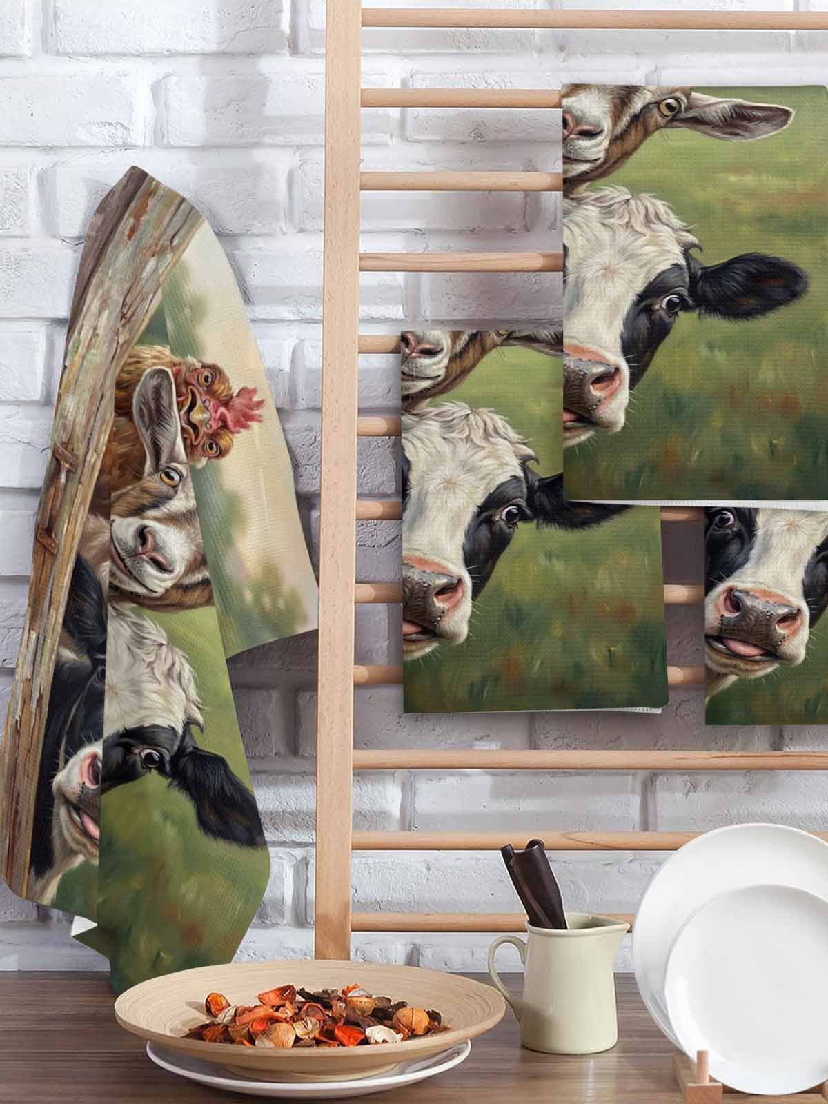 Farmhouse Animals Kitchen Dish Towels for Drying Dishes Set of 4, Country Cows Sheeps Roosters Farm Waffle Weave Microfiber Hand Tea Bathroom Towels Quick Dry & Absorbent Towel 15.7x23.6