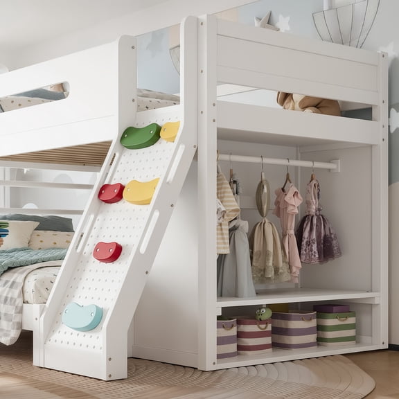 Bellemave Solid Wood Twin over Full Bunk Bed with Built-in Wardrobe & Climbing Wall, Storage Loft Bed with Full Guardrails & Upgraded Slats, No Box Spring Needed, White