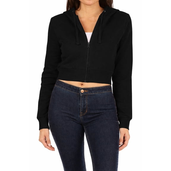 Women's Basic Casual Cotton Fleece Long Sleeves Solid Full-Zip Cropped Sweatshirt Hoodie