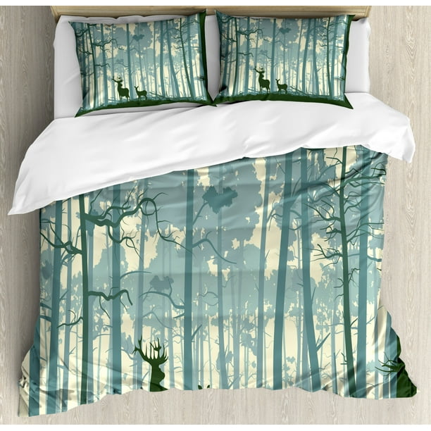 Deer Duvet Cover Set Animal Silhouette In Foggy Forest Animals In Nature Themed Cartoon Dusk Artwork Decorative Bedding Set With Pillow Shams Black White Grey By Ambesonne Walmart Com Walmart Com