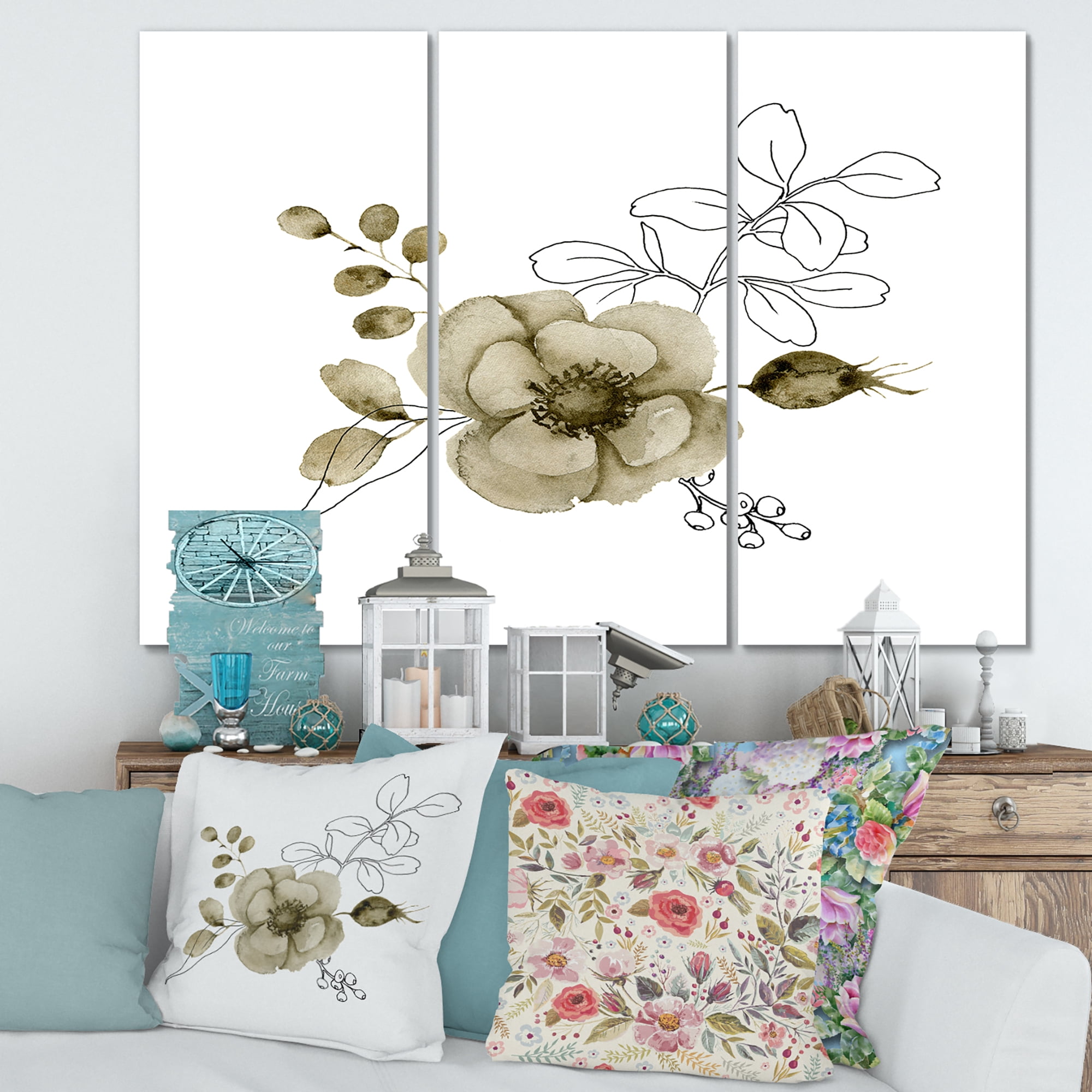 Designart ' Eucalyptus Branches With Anemone Bouquet Flower II ' Traditional Canvas Wall Art Print