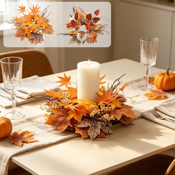 Halloween Decorations Savings, Tarmeek Halloween Candle Wreath with Maple Leaf Rose Decorative Ring, 28x7.5cm Multicolor Plastic Table Centerpiece Party Ornament for Festive Decor