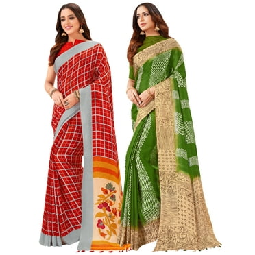 Pack of Two Saree for Women Printed Linen Silk Indian Wedding Sarees | Diwali Ethnic Gift Sari Combo