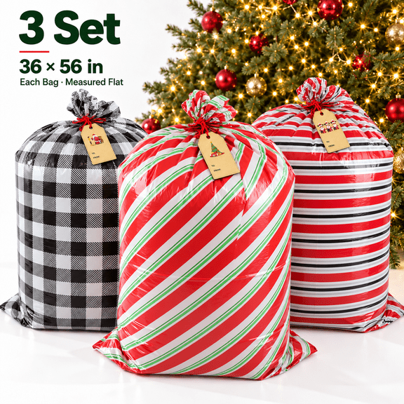 Christmas Large Plastic Bags Jumbo Gift Bags Xmas Extra Large Gift Bags with Rope & Signboard 36*56 in 3pcs
