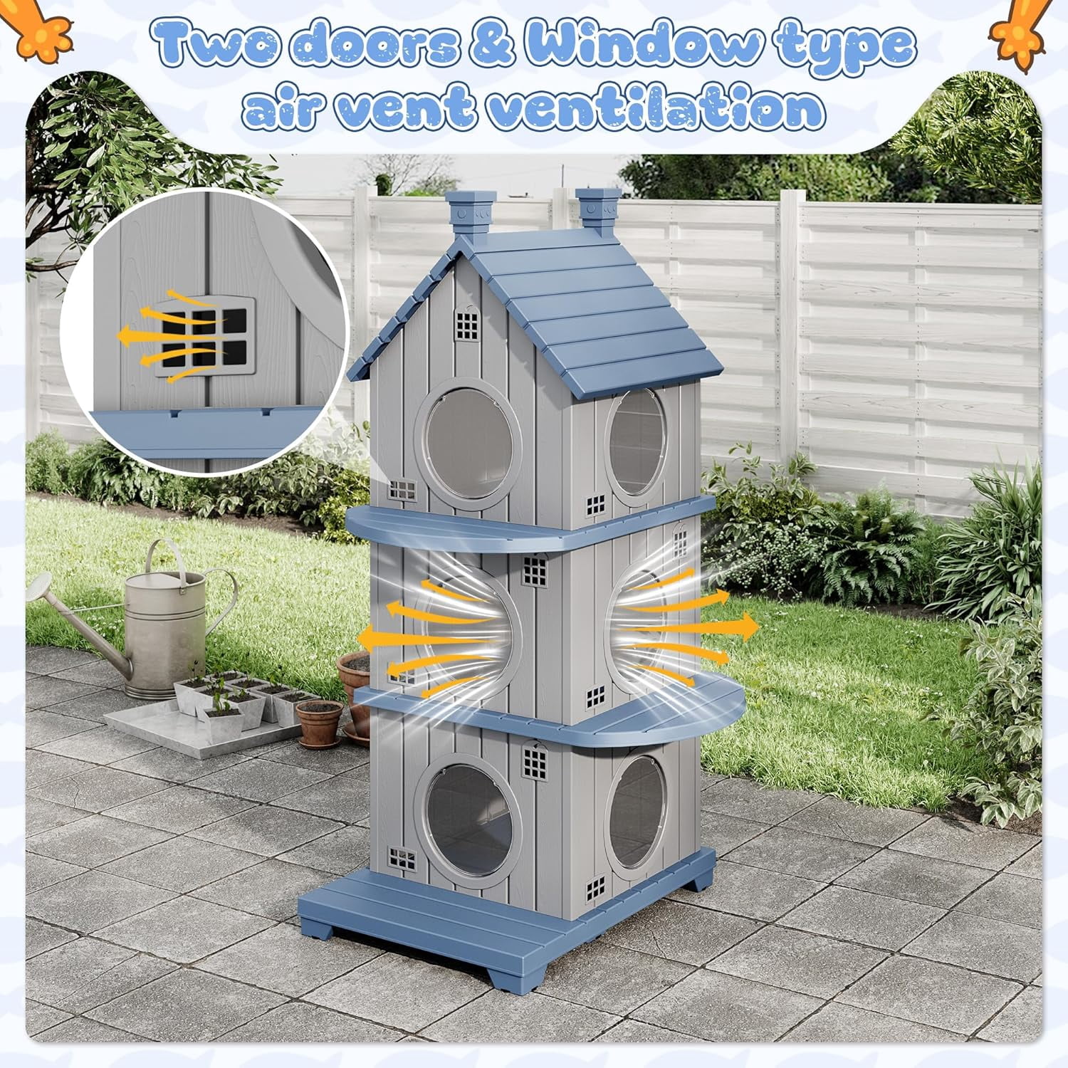 FICARTS Indoor/Outdoor Cat House, Weather-Resistant Pet Shelter with Elevated Base, Multi-Entry Cat Cottage for Feral & Household Cats