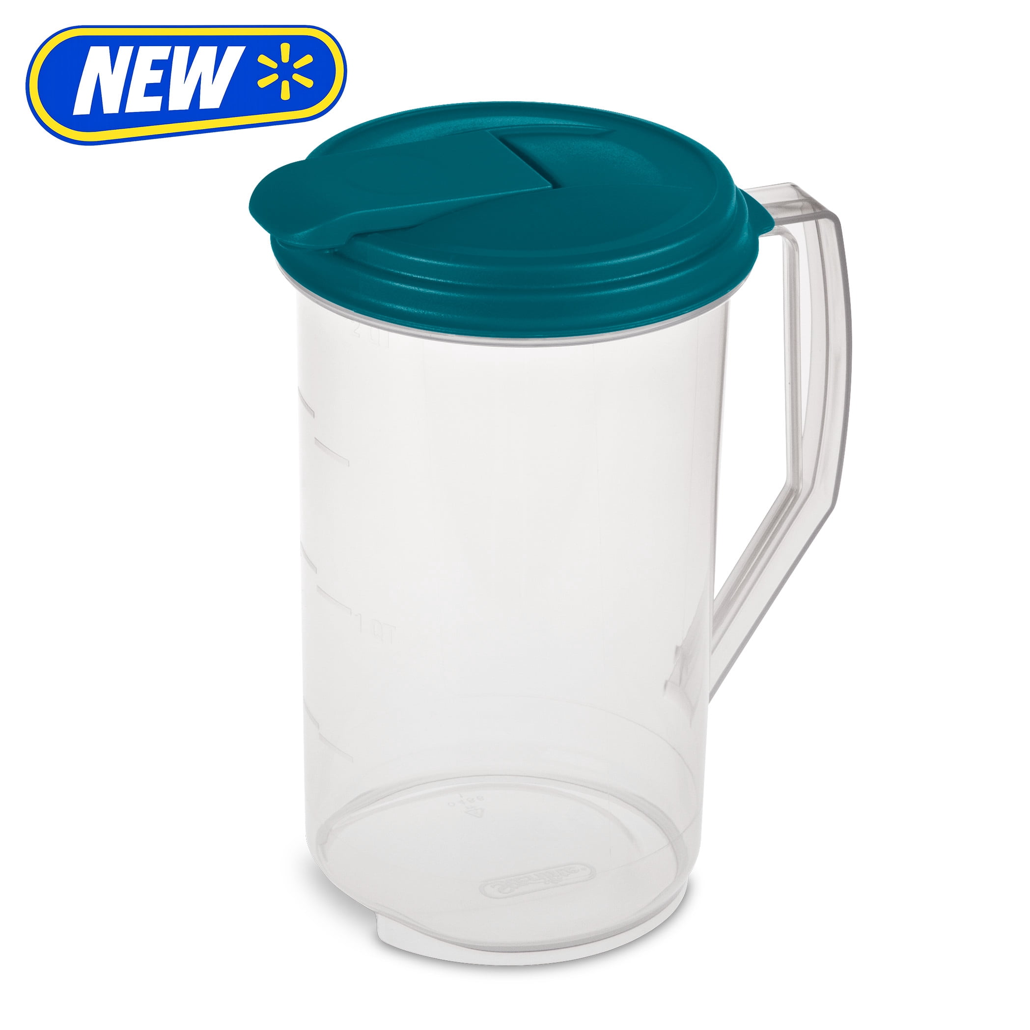 (4 pack) Mainstays 2 Quart Round Pitcher, Clear Plastic with Flip-top Spout, Handle and Measure Marks, BPA-Free, Teal Lid