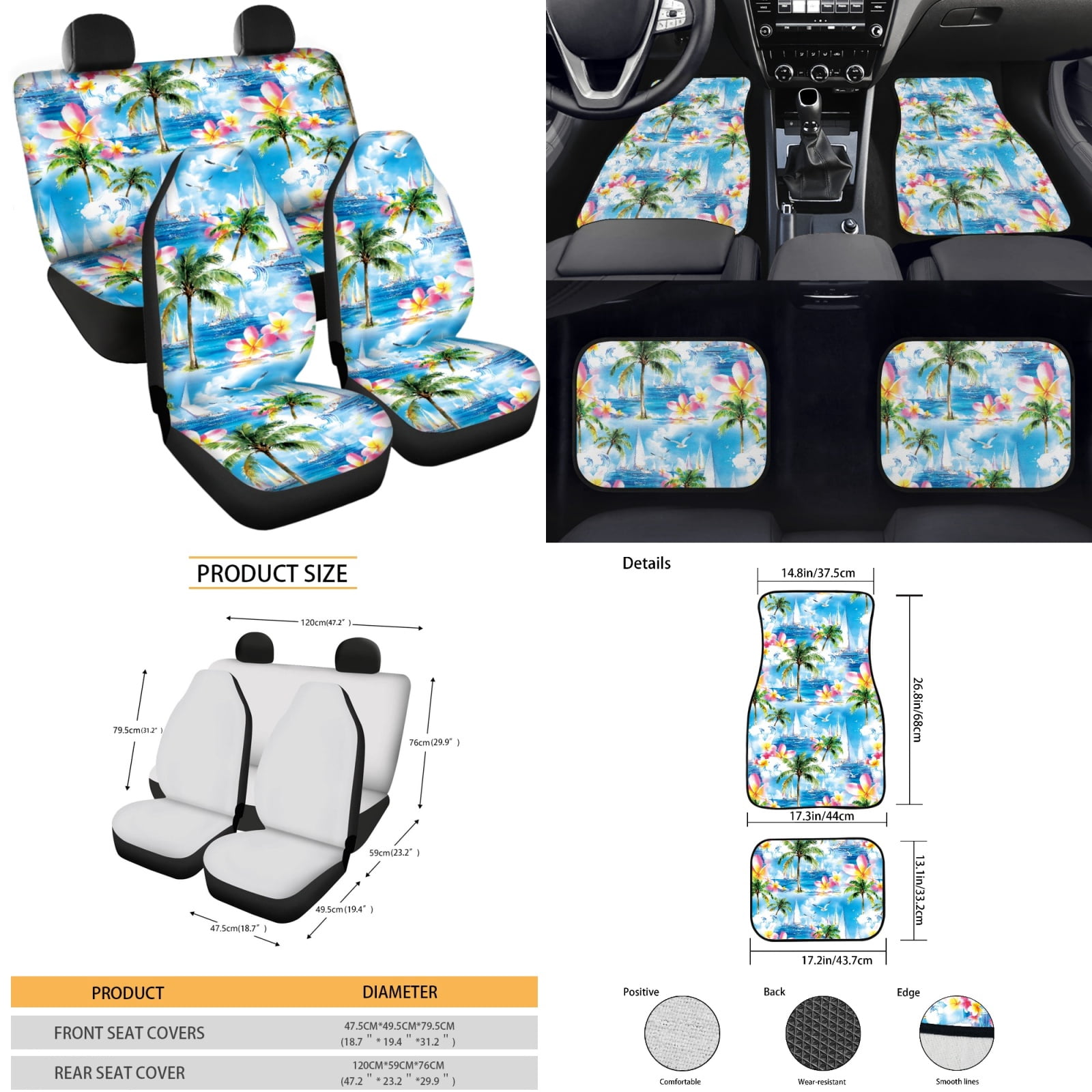 Yuyamidu Coconut Tree Car Seat Cover Full Set Seaside Car Floor Mats Steering Wheel Cover Seat Belt Pad Cover Coasters Handbrake Cover Set Blue Car Decor, 15 Pack