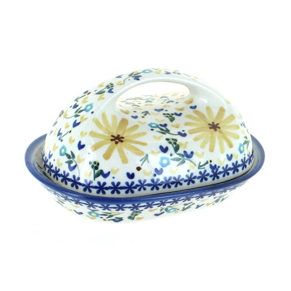 Blue Rose Polish Pottery Yellow Daisy Butter Dish