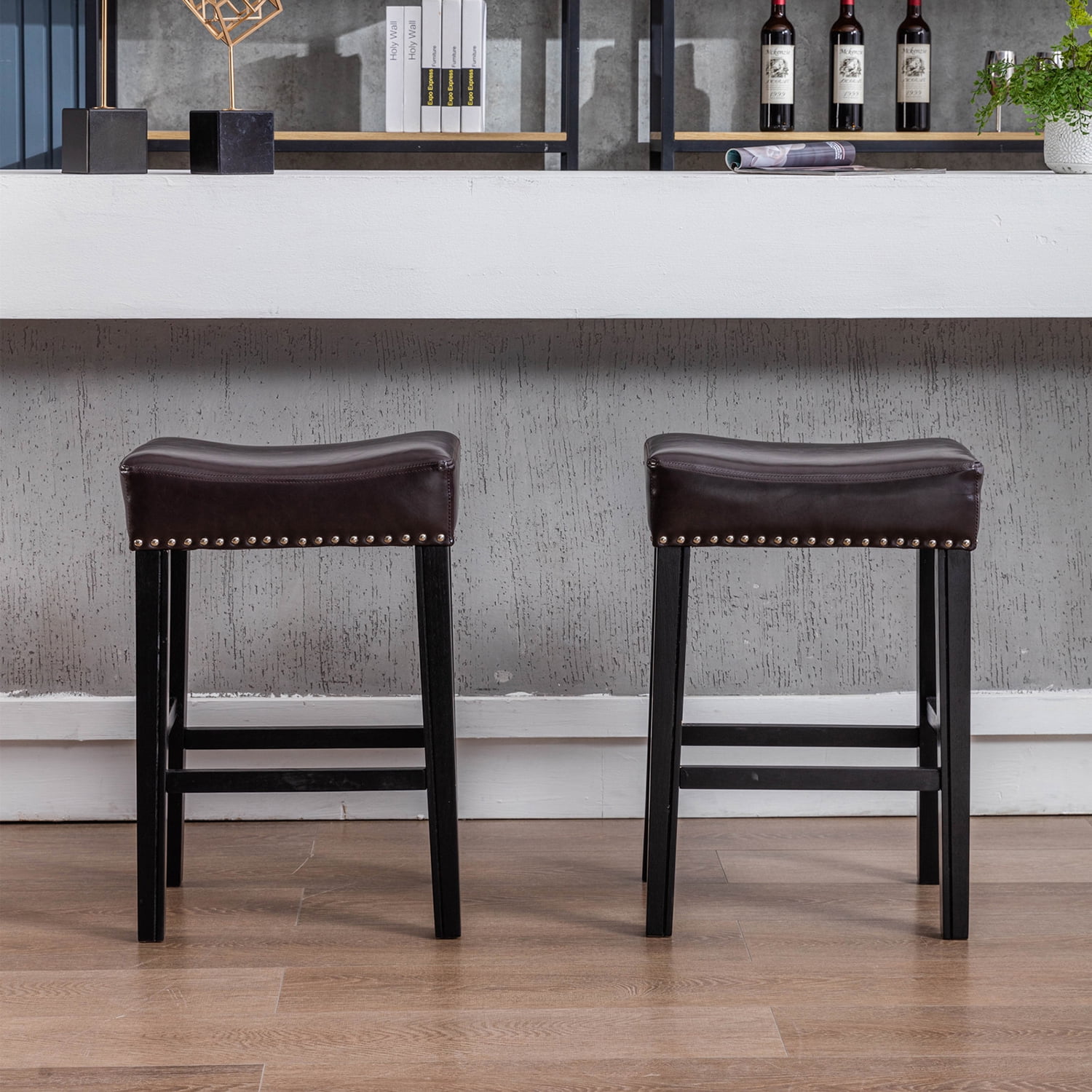 Kadyn 2pcs Counter Height 26" Bar Stools for Kitchen, Backless Faux Leather Stools, Brown Farmhouse Island Chairs Kadyn 2pcs Counter Height 26" Bar Stools for Kitchen, Backless Faux Leather Stools, Brown Farmhouse Island Chairs