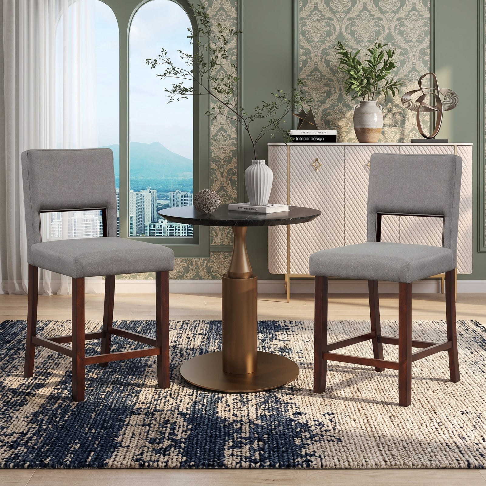 Furnibear Set of 2 Bar Stools with Hollowed Backrest, Rubber Wood Legs, Padded Seat, 24.5 Inch Counter Height Bar Chairs for Kitchen Pub Dining Room, 400 lb, Gray
