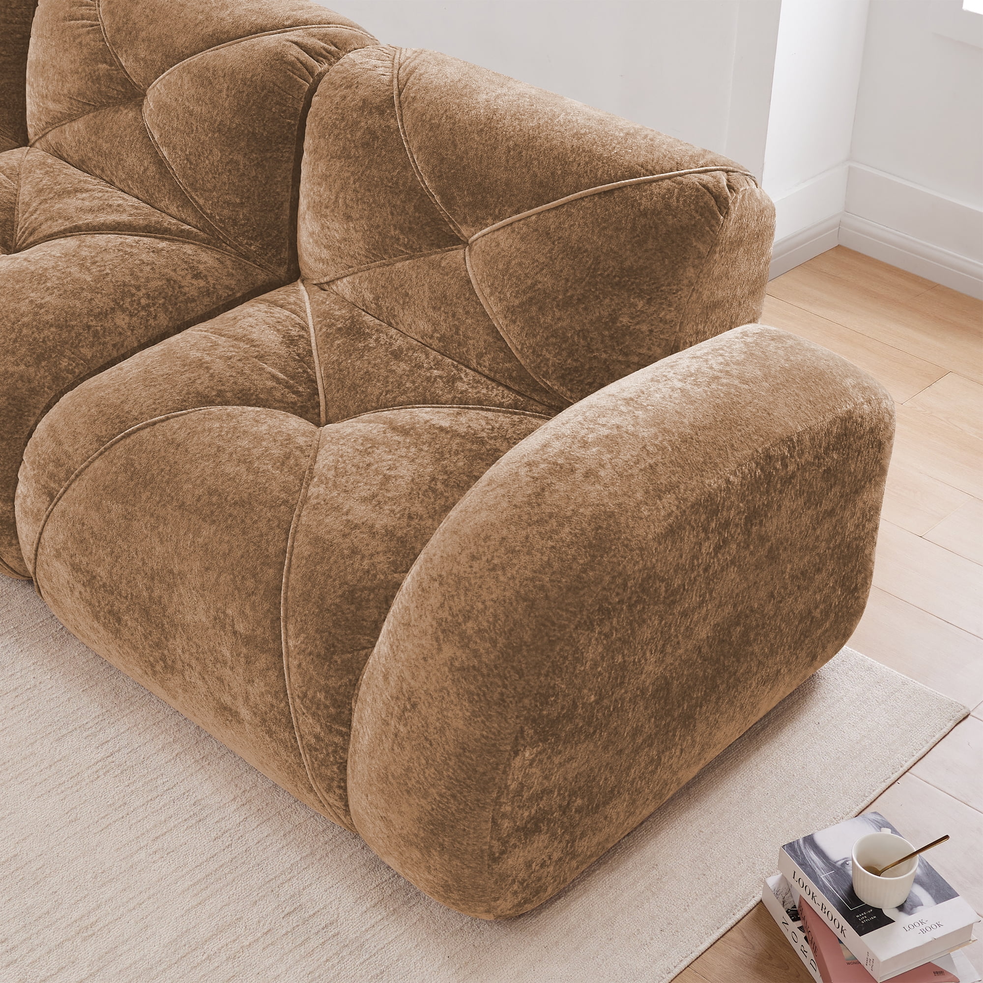 Aukfa Velvet Tufted Modular Sectional Sofa, 80" Boneless Loveseat for Living Room, Brown