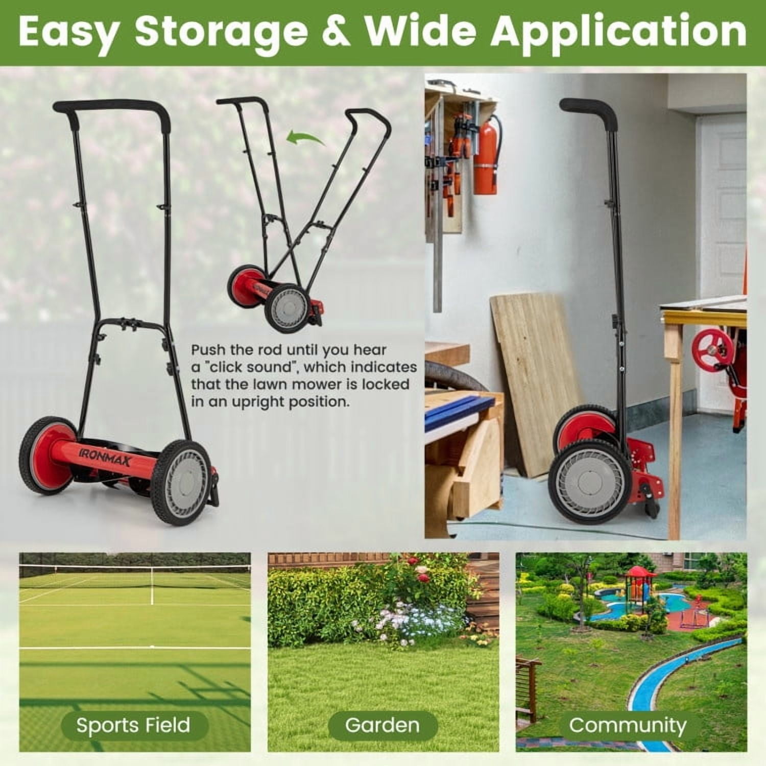 YYAo 16 Inch Push Lawn Mower with 5 Steel Blades and Grass Catcher Bag-Red