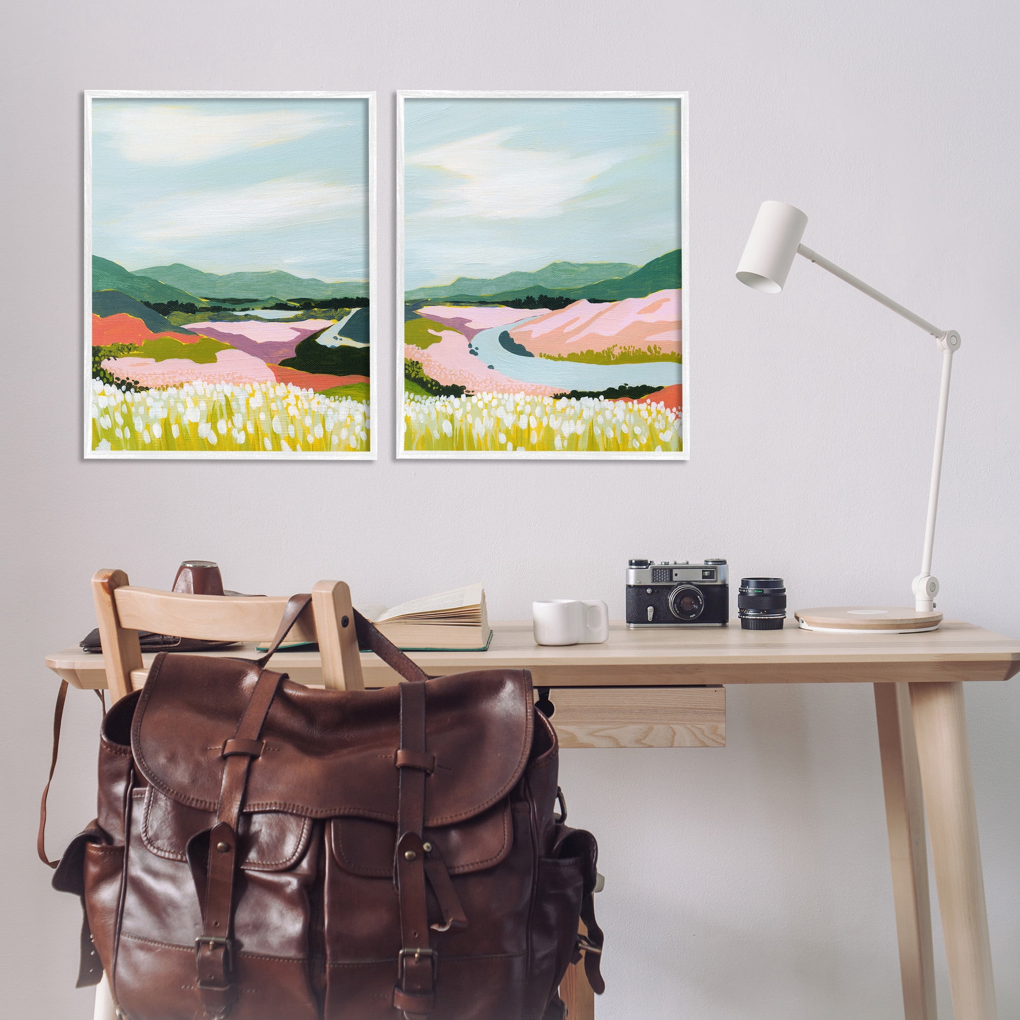Stupell Industries Mountain Valley Meadow Landscape Painting White Framed Art Print Wall Art, 24 x 30, Set of 2