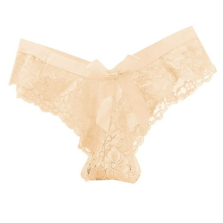 BYHONG Women s Sexy Lace Transparent Low Waisted Thong Seamless Thin Mesh Bow Japanese Seductive Underwear Panties for Women Pack Beige One Size