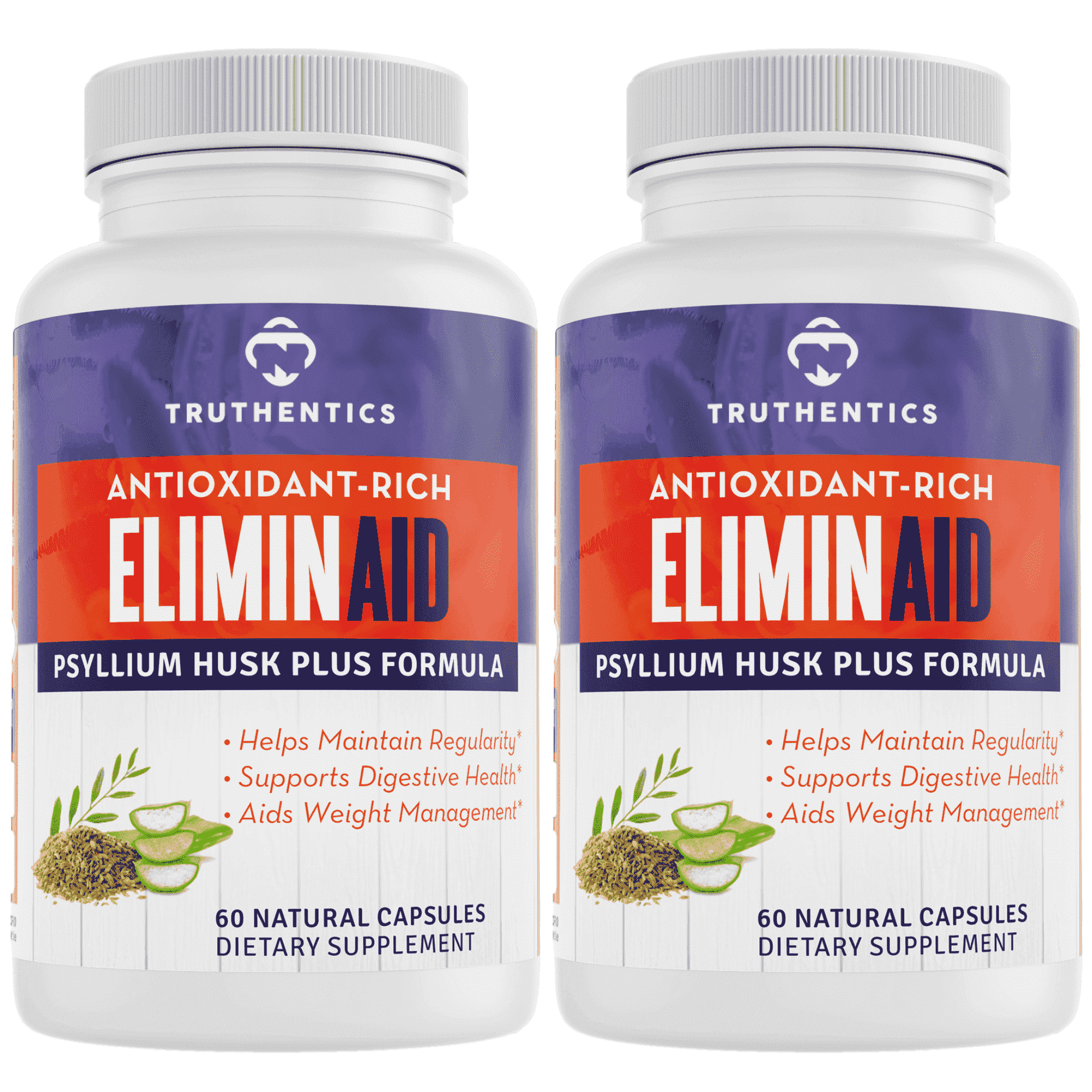 Truthentics Psyllium Husk Capsules 1080mg + Slippery Elm | Eliminaid Fiber Supplement for Digestive Health & Regularity | Aloe & Prebiotics | 120 Capsules (2-Pack)
