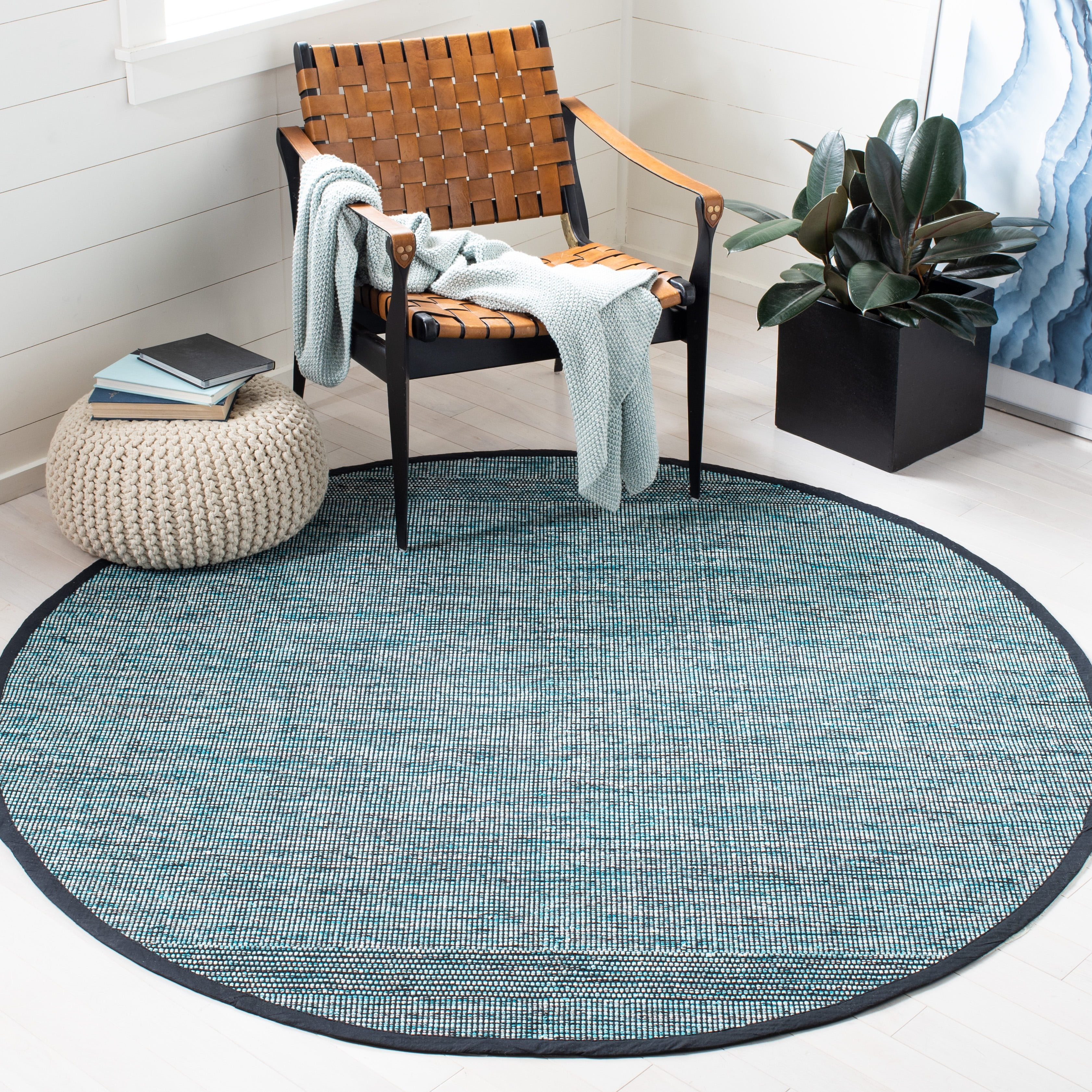 SAFAVIEH Montauk Kelsey Distressed Cotton Area Rug, Turquoise/Black, 6' x 6' Round