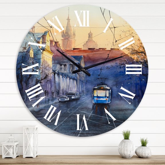Designart 'Blue Tram At Sunset With Church During Sunset' Nautical & Coastal Wall Clock