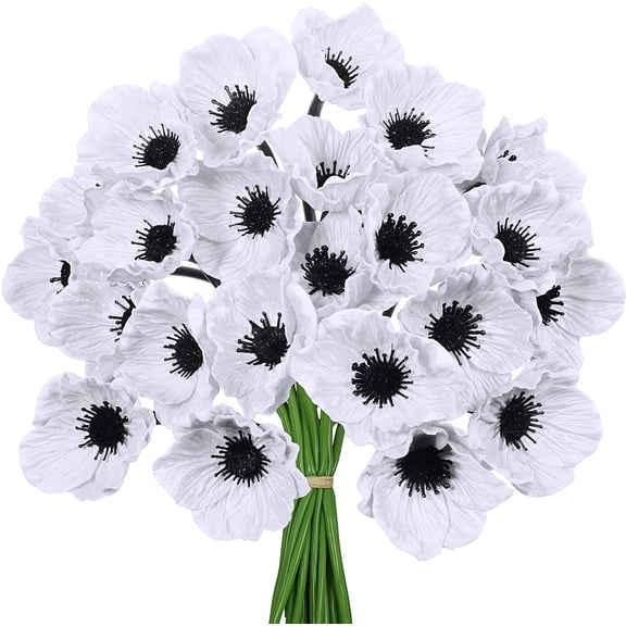 Zukuco 8 Pcs Artificial Flowers White Poppy Anemone Stems PU Real Touch Poppy Anemones Fake Flowers for Wedding Bouquets Corsages Centerpiece Floral Arrangements Décor