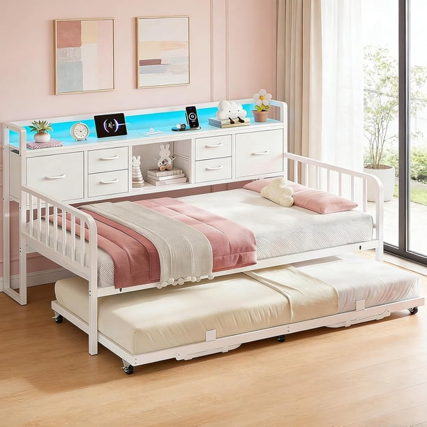 Cama Sofa Individual de Metal con Trundle Ajustable (Plegable con Ruedas), Cabecera con Almacenamiento, Luz LED, Estación de Carga, Cama Sofa para Sala/Dormitorio/ (196 * 112.5 * 107cm) Blanco