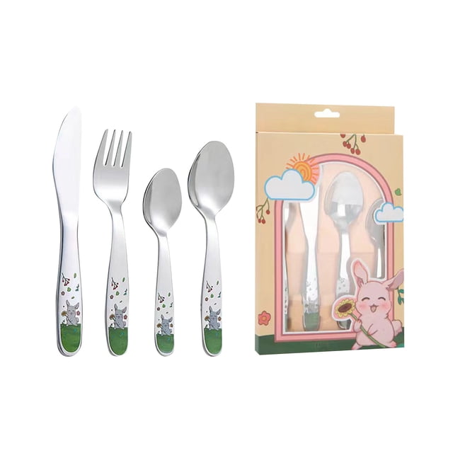 Promotion!Juego de cubiertos de conejo para niños de 4,cubiertos para niños de acero inoxidable,cuchara de entrenamiento para bebés pulida