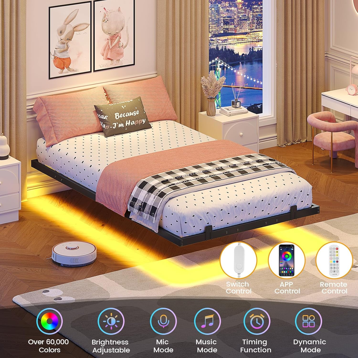 Floating Bed Frame Twin Size Metal Platform Bed with LED Lights for Bedroom, No Box Spring Needed, Black