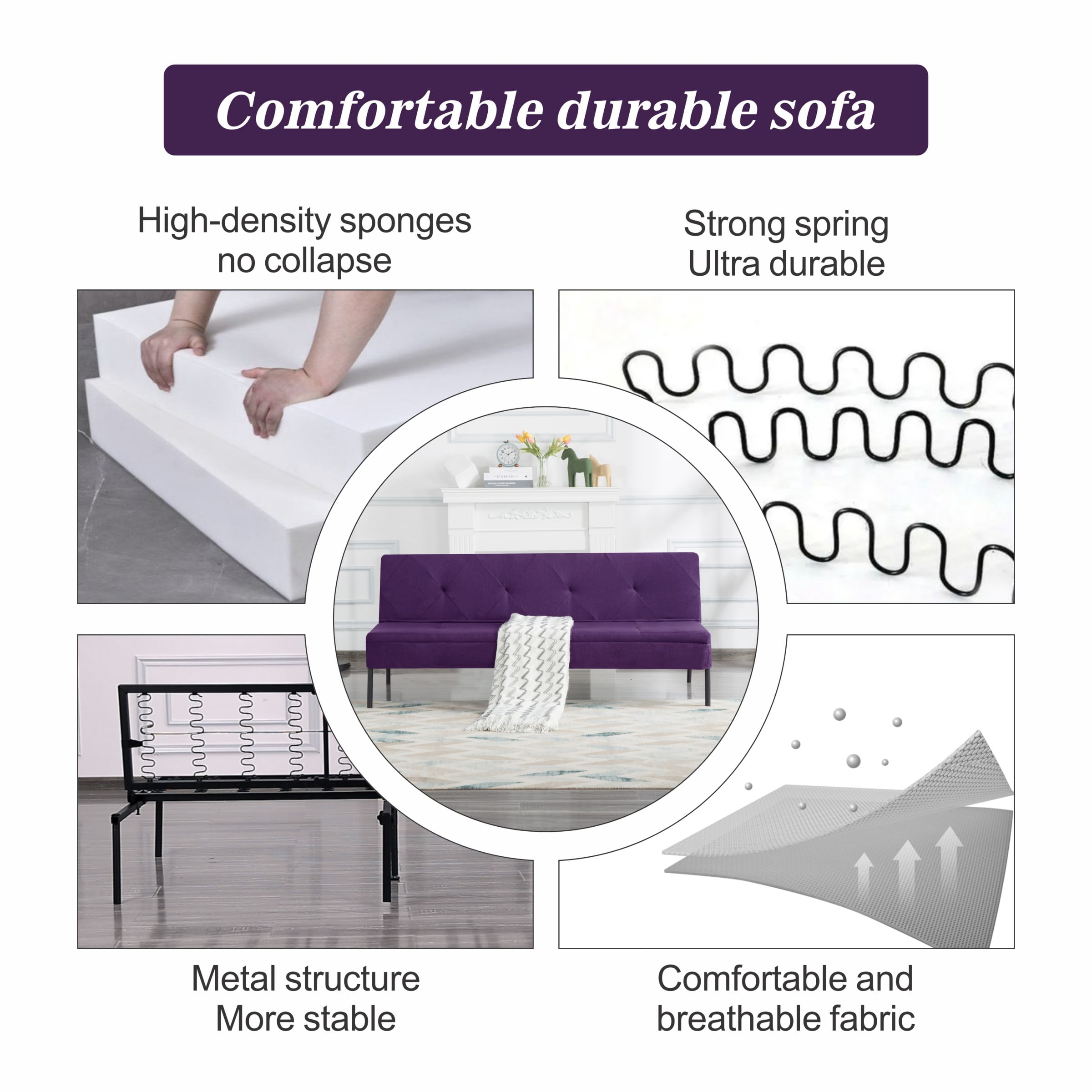 BSHTI 63.39" Futon Sofa Bed with 5 Adjustable Positions – Polyester Fabric Convertible Sleeper Couch with Iron Frame, Clean-Lined Modern Design for Living Room, Apartment, Office, Dormitory, Purple