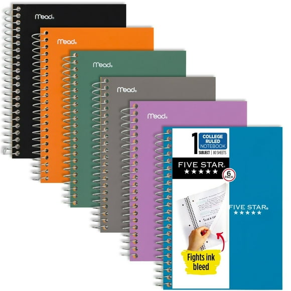 Five Star Spiral Notebooks, 6 Pack, 1 Subject, College Ruled Paper, 7" x 4-3/8", Personal Size, 80 Sheets, Purple, Orange, Green, Blue, Gray, Black (450048A-ECM)