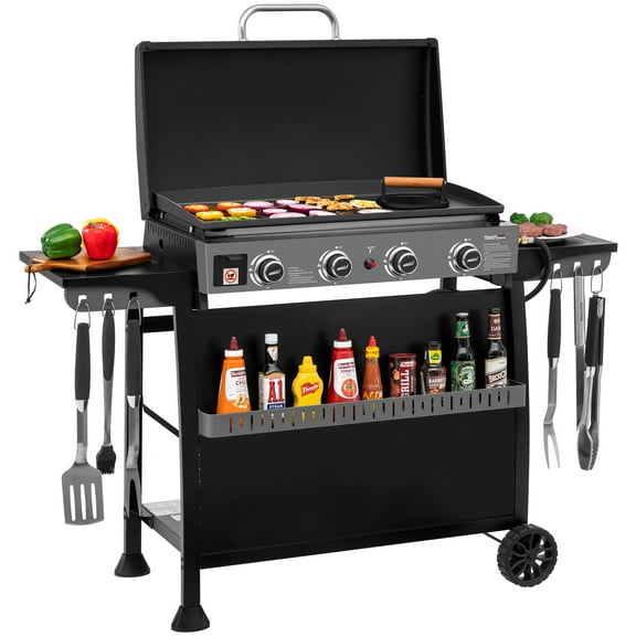 Royal Gourmet PD4001 30-Inch 4-Burner Gas Griddle with Hood, Tabletop Gas Griddle with Removable Standing Cart, Free-Standing Cart with Side Shelves and Hooks