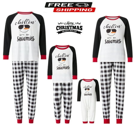 

Gueuusu Christmas Pajamas For Family Sunglasses Letter Print Long Sleeve Tops and Plaid Pants Sleepwear